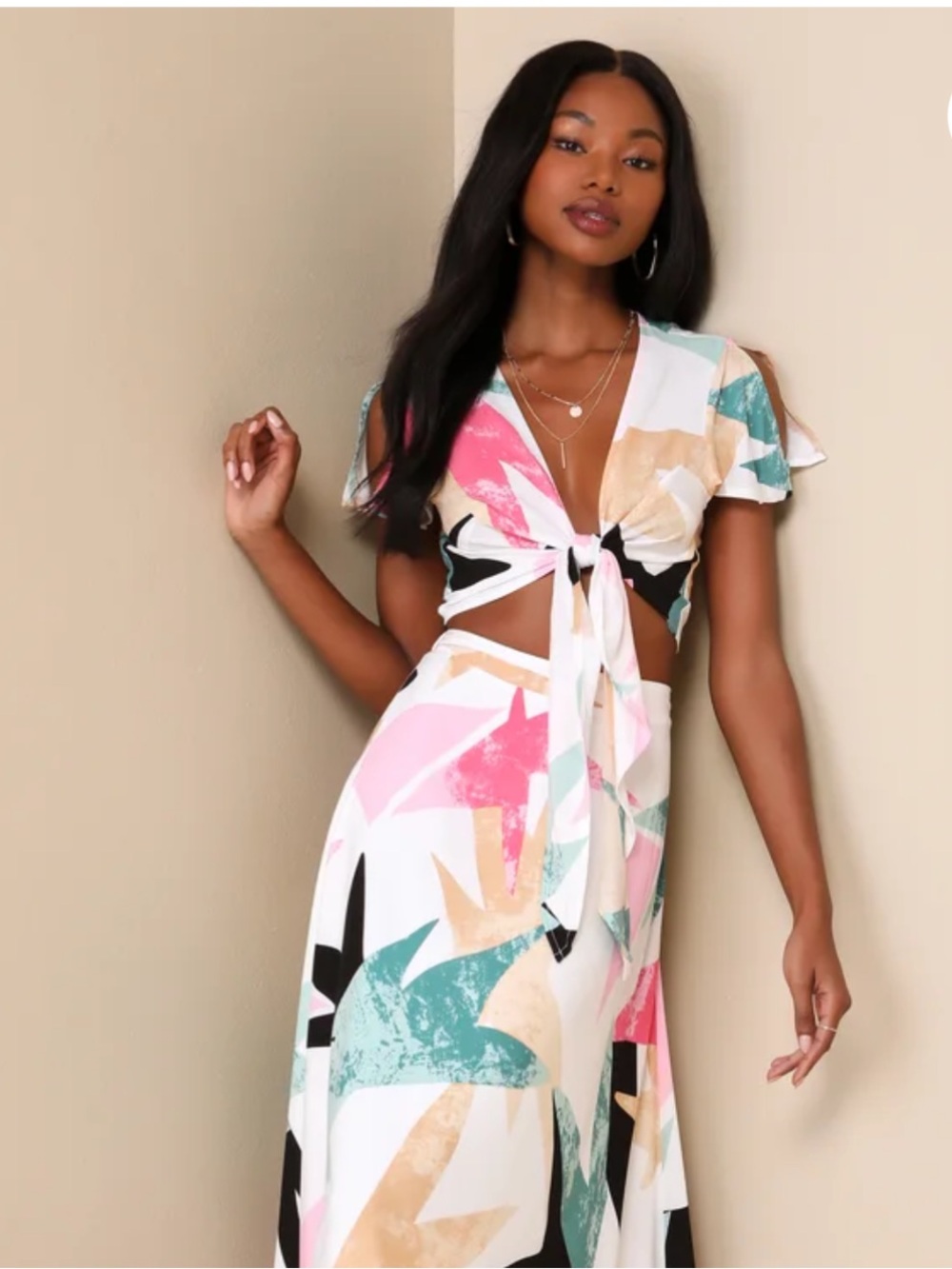Lulu's Pastel Abstract Tie-Front 2Piece Maxi Dress NWT